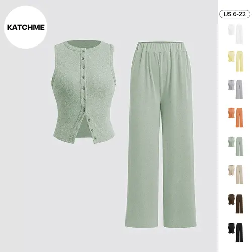 KatchMe Women's Casual Solid Color Sleeveless Button-Up Tank Top & Wide Leg Trousers Co-ord, Minimalist Womenswear, Comfort Basic Co-ord Set