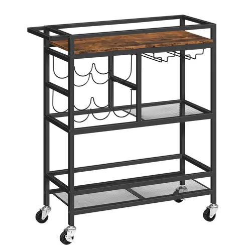 MAHANCRIS Rustic Brown 3-Tier Wood Beverage Cart Organiser - Adjustable Organizer Home Bar Furniture with Wheels, Handle, Wine Rack, Glass Holders, Built-in Shelves for Kitchen, Dining Room, Beverage Organizer