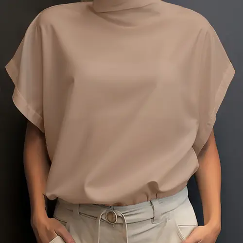 Women's Solid High Neck Batwing Sleeve Blouses, Casual Minimalist Short Sleeve Top for Summer, Women's Top for Daily Wear, Womenswear, Batwing Sleeve Tops