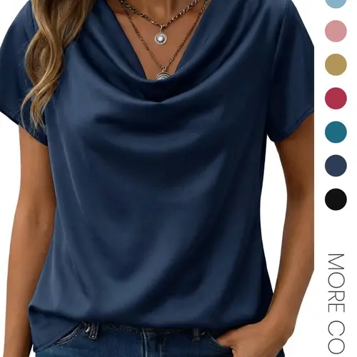 Women's Basic Minimalist Solid Cowl Neck Loose Fit Baggy Blouse, Shirts, Casual Short Sleeve Top for Summer, Ladies Clothes for Daily Wear
