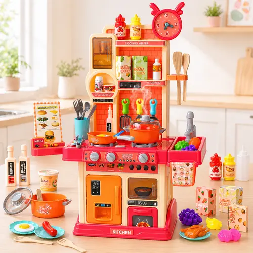 Kids Kitchen Toy Set 45PCS Pretend Play with Steam Stove Water Circulation Sink Sound Light Effects Playset
