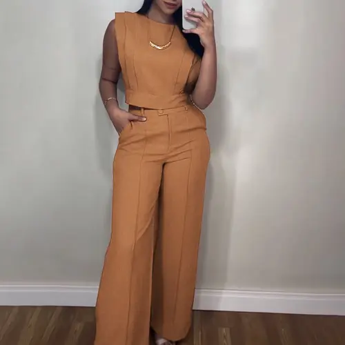 CHICME Women's Office 2 Piece Matching Set - Cap Sleeve Crop Top High Waist Pocket Palazzo Wide Leg Pants Casual Daily Outfit