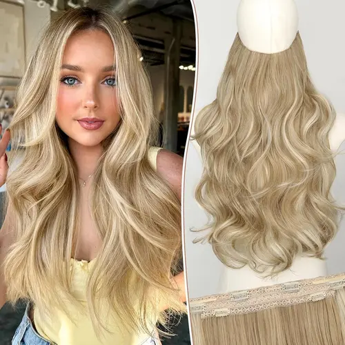 [ KooKaStyle ]Invisible Wire Hair Extensions Long Straight Layered Synthetic with Transparent Headband Adjustable Size 6 Secure Clips Hairpieces for Women(20 Inch, H1860A#Beige Blonde)