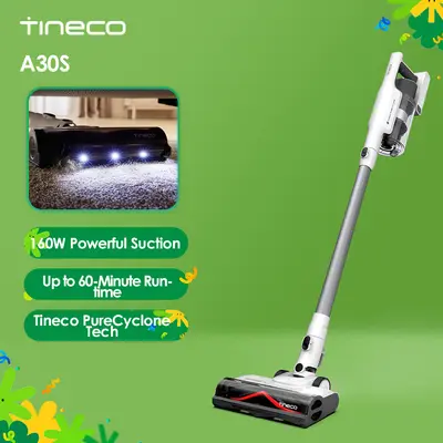 TINECO A30S Handheld Cordless Vacuum Cleaner (Home Cleaning Machine) - 160W Powerful Suction, 60-Min Runtime, 1L Large Dustbin, Rechargeable Lightweight Versatile, ZeroTangle Brush, PureCyclone Tech, LED Headlight