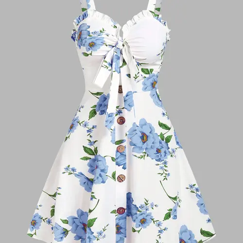 Women's Fashion Summer Dresses 2026 Floral Print Vacation Sundress Garden Party Dress Smock Back Ruffled Bowknot Mini Dress