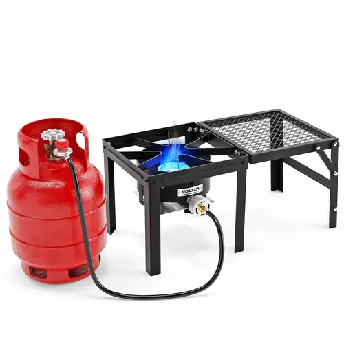 ROVSUN 100,000 BTU High-Pressure Metal Propane Portable Gas Stove with Foldable Shelf, Single Burner & Regulator, Camping Equipment for Camping, Tailgating, Seafood Boiling, Home Brewing, Turkey Frying