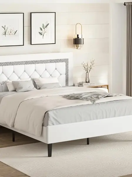 [Summerwins] HOMBCK Diamond Bed Frame, No Mattress, with Tufted Button Headboard, Wood Slat Support, No Box Spring Needed, Easy Assembly #summer garden,fathers day gift ideas