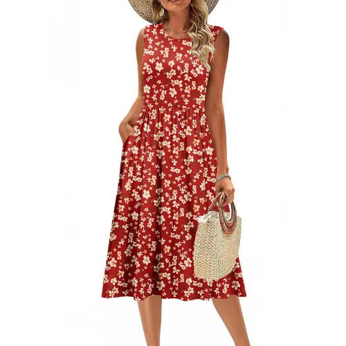 Zeagoo Women's Preppy Lightweight Polyester Blend Floral Print A-Line Sleeveless Midi Tank Dress - Crew Neck, Round Neck, Stretchy, Flowy, Flattering, Colorful, Side Pockets - for Casual Wear, Party, Women's Dresses