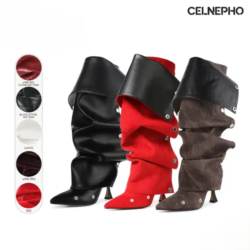 CELNEPHO Womens Slouchy Boots Knee High Boot Ruched Shark Boot Pointed Toe Stiletto High Heel Zipper Silver Buttons Detachable Snap-Off Panel Wide Calf Comfy Fold Over Easy Pull on Party Casual Streetwear Concert Nightclub Fall Fashion Trendy Dressy Shoes