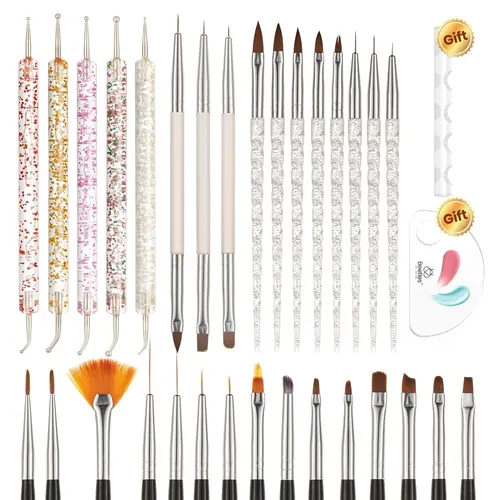 Beetles 31pcs Flower & Crystal Nail Art Tool Set - Smooth Handle Brushes, Dotting Tools, Drawing Pens, Dust Brush, Striping Liners with Holder for Starter Nail Design, Manicure