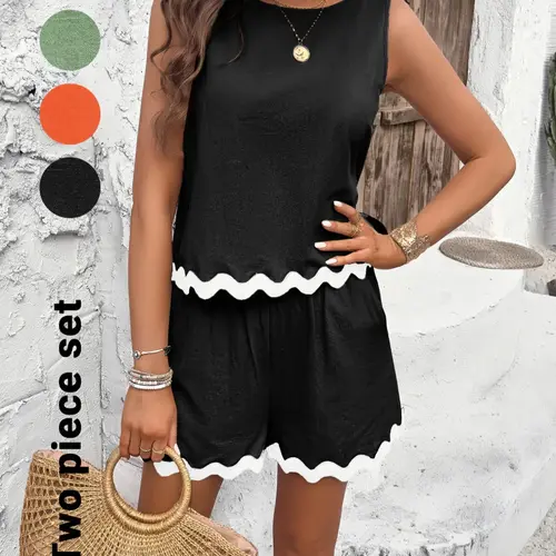 Women's Tank Top & Shorts Two-Piece Matching Set Outfit, Casual Basic Sleeveless Fitted Set for Summer Beach, Ladies Clothes for Everyday Wear