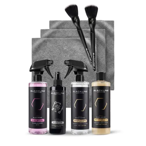 BLACKLINE All-in-1 Car Cleaning Kit - Car Detailing Products for Safe Interior Cleaning, Streak-Free Supplies with Surface Cleaner, Leather Conditioner, Glass Cleaner, Microfibers, Brushes, Vanilla Bean & Teakwood Air Freshener to Detail Tough Spots