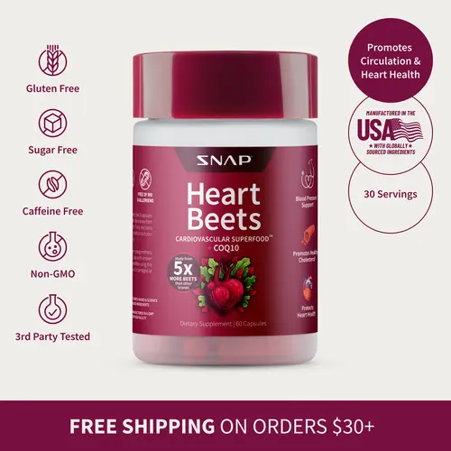 Heart Beets Capsules (5000mg Beet Root + CoQ10) for Heart Health & Circulation - Snap Supplements