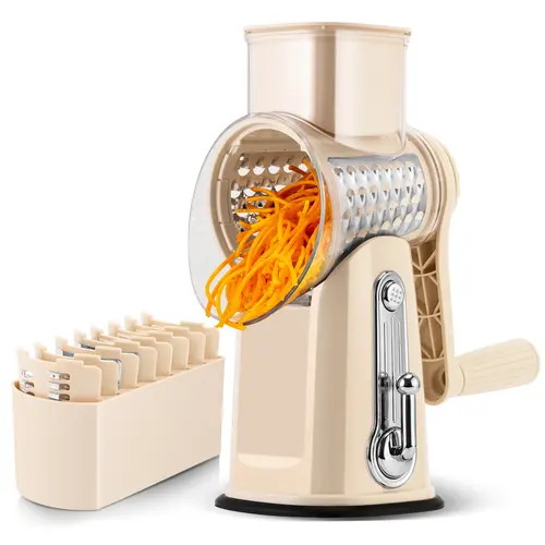 SUSTEAS Durable Veggie Chopper Mandoline Slicer - 5 Replaceable Blades (Including Wavy), 18/10 Stainless Steel, BPA-Free Compact Beige Kitchen Utensils, Powerful Suction Cup Base, for Cabbage Cutting, Durable Vegetable Slicer