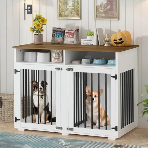 HOMBCK Dog Crate, 41/55/63/72 inch, with Removable Divider and Shelf Storage, Wooden Indoor Dog Crate for Large/Medium/Small Dogs, Farmhouse, Double Door#SohoChic#Homemakeover