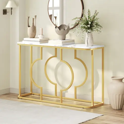 MAHANCRIS Stylish Gold Console Table with Geometric Metal Frame, Narrow 47.2‘’ Long Sofa Table for Living Room, Entryway, Hallway, Foyer, Marble White and Gold #SummerVibes#DealsforYouDays #SummerGarden