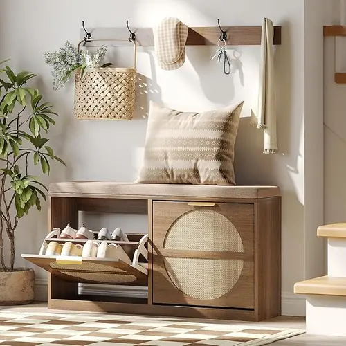 [tiktokshopbacktoschool] Vabches Rattan Entryway Seating with Seat Cushion, Coat Rack, Freestanding Shoe Cabinet, 2 Flip Drawers, Narrow MDF Wood Space Saver, 5 Sturdy Metal Hooks, Storage Holders & Racks, Rustic Oak Home Decor Items