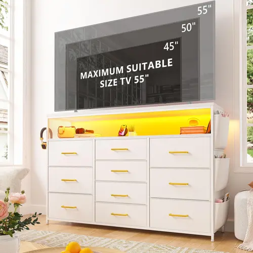 【#TikTokShopSpringGlowUp】Raybee 7/10 Drawer Dresser for Bedroom with Wood Open Shelves, 55" TV Stand with Power Outlets & LED Lights, Fabric & Chest of Drawers