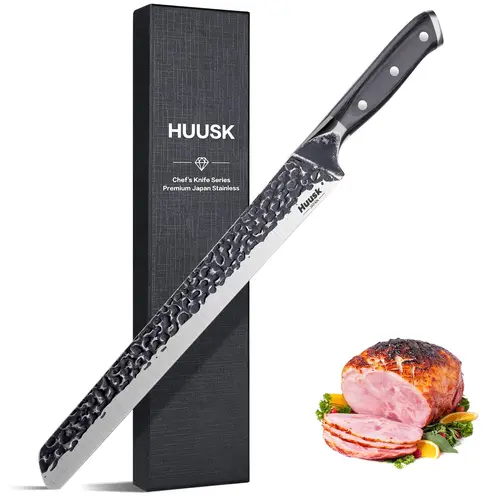 Huusk Japan 12-in Hand Forged Steel Blade Wood-Handle Slicing Knife - Arc Head Shields Fingers, Ideal for Meats, Ribs, Roasts, Brisket Carving, BBQ, Father's Day Gifts, Knives