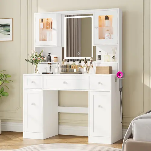 【2 Package Shipped】VOWNER Makeup Vanitywith Mirror, 5 Drawers, 2 Glass Door Cabinets, RGBLight & 10 Adjustable Lighting, White for BedroomUse - Furniture Modern Organizing Minimal Interiordesk
