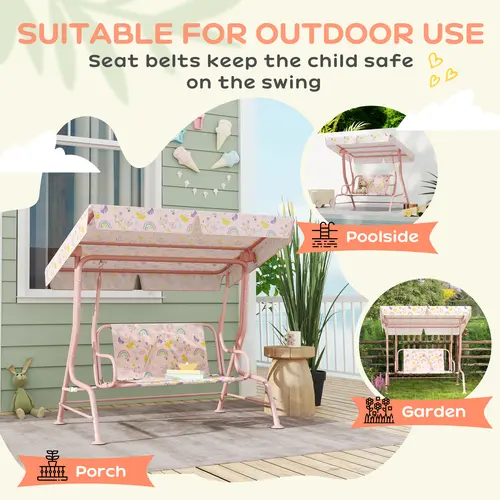 #tiktokshopbacktoschool Qaba Kids Patio Swing, 2-Seater Outdoor Porch Swing Chair with Adjustable Canopy, Safety Belt, Hanging Swing Bench for Garden, Backyard