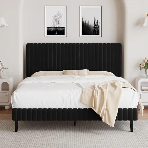 HOMBCK Velvet Upholstered Platform Bed with Vertical Channel Tufted Headboard and Footboard, No Box Spring Required, Easy Assembly, Contemporary Upholstered Bed, Modern Platform Bed#SohoChic#Homemakeover