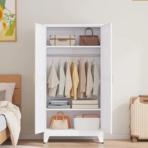 Metal Wardrobe Cabinet with Hanging Rod, 71" Metal Clothing Storage Cabinets with 2 Doors and Adjustable Shelves, White Armoire Wardrobe Closet for Bedroom, Laundry Room, Cloak Room Furniture Organization Ideas