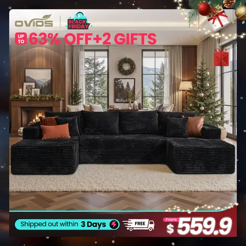 【3 Packages Shipping】Ovios 135" Sectional Cloud Sofa with Ottoman for Living Room, U Shaped Modular Floor Boneless Couch with Chaise, Plush Corduroy, No Assembly Required, Big Comfy Couches Set with Fluffy Memory Foam