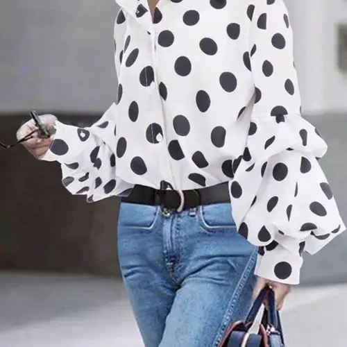Women's Polka Dot Print Lantern Sleeve Shirt, Casual Long Sleeve Button Front Collared Top for Daily Wear, All Seasons Everyday Blouse, Ladies Clothes for All Seasons