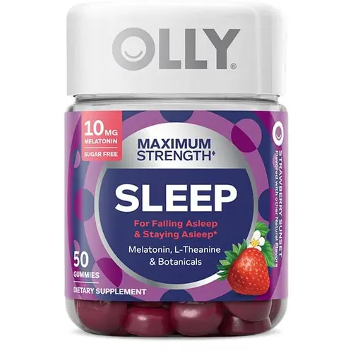 OLLY Max Strength Sleep Gummy Dietary Supplement, 10mg Melatonin, L-Theanine, Chamomile, Lemon Balm, Sugar-Free, Vegetarian Vitamin Sleep Aid for Selfcare, Strawberry Flavor - 50 Count, Healthcare