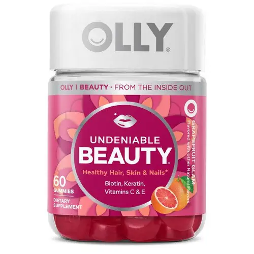 OLLY Undeniable Beauty Edible Dietary Gummy - Hair Skin Nails Support, Biotin, Vitamin C, Keratin, Chewable Selfcare Supplement, Grapefruit Flavor, 30-Day Daily Supplemental Nutrition Support, 60 Count