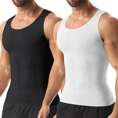 Men's Sleeveless Compression Shapewear Vest, 1/2/3/4 Pack Breathable Lightweight Stretchy Mesh Underwear, Tummy Control Chest Protector for Fitness & Casual Wear, Fitted Soft Black Sports Tank Top