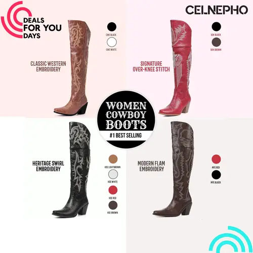 CELNEPHO Womens Cowboy Boots Pointed Toe Classic Embroidered Chunky Block Heels Side Zipper Closure Comfy Easy Pull on Over the Knee Western Boot Summer Party Gifts Work Casual Riding Concert Festival Fashion Vintage Retro Long Tall Cowgirl Dressy Shoes