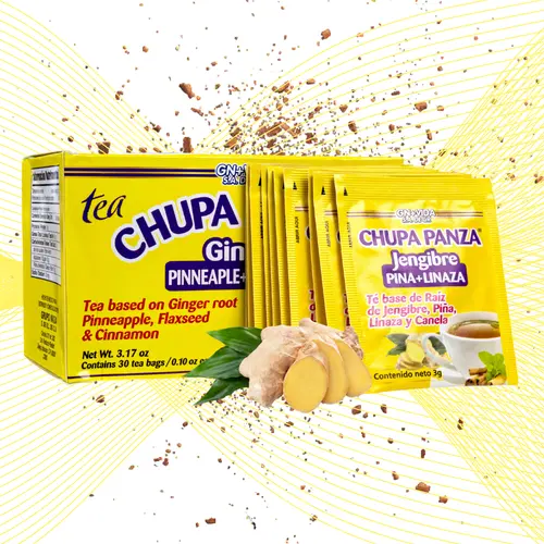 New Improved Te Chupa Panza  (Ginger + Pineapple) - Herbal Tea with Ginger Root, Pineapple, Flaxseed & Cinnamon (30 Tea Bags, 0.10 oz Each) Beverage