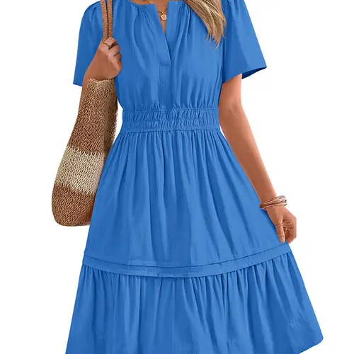 BTFBM Women's Casual V Neck Dresses 2026 Summer Spring Short Sleeve Sundress Smocked Waist A Line Tiered Mini Dress