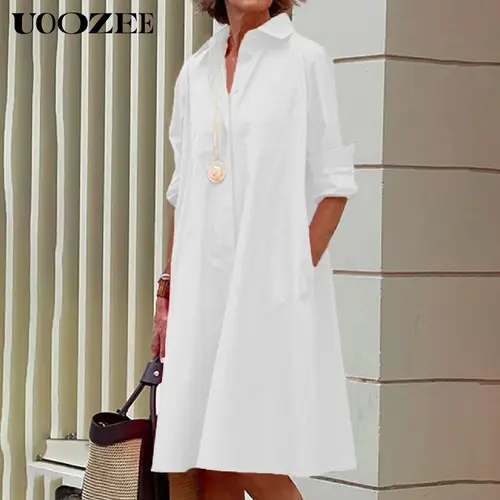 UOOZEE Women's Casual Fashion Collared Long-Sleeve Soft Polyester-Cotton Solid White Maxi Dress - Pull-On, Minimalist Basic, Women's Clothing