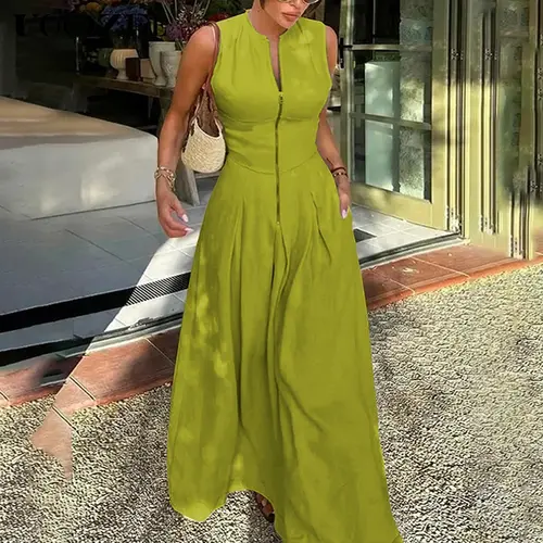 UOOZEE Women's Minimalist Casual A-Line Dacron Sundress - Comfortable Sleeveless Freedom, Pleated Flow, Round Neck, Pockets, Zipper Slit, Casual Chic Women's Clothes