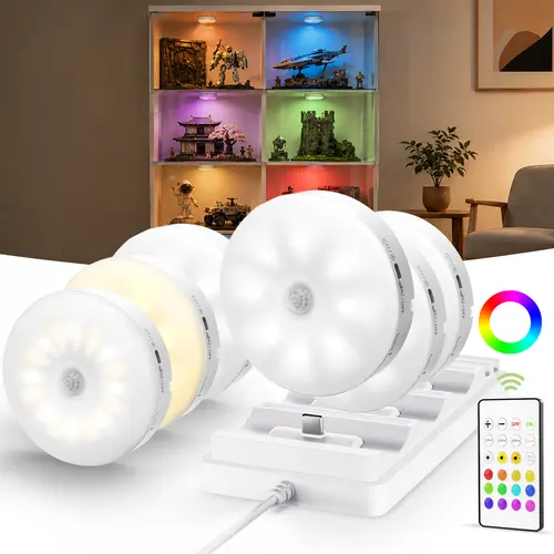 EZVALO Under Cabinet Lighting with Charging Station, 1000mAh Rechargeable Puck Lights with Remote, 3 Color Temps & RGB Closet Lights, Dimmable Motion Sensor Lamp Night Light for Shelf, Kitchen, Dorm Room, Gaming Setup, Halloween Decor, Renter-Friendly