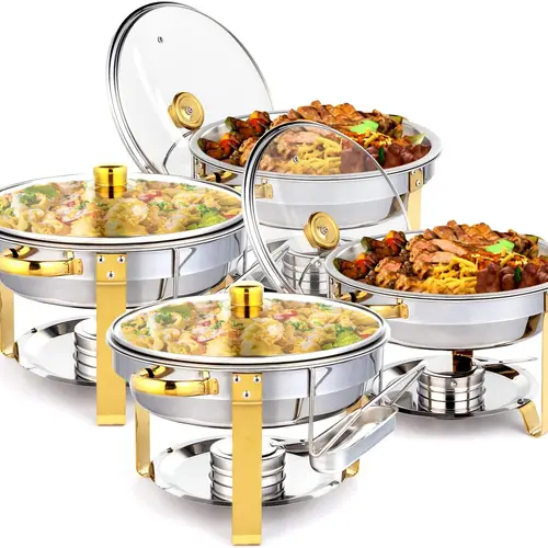 ROVSUN 5QT 2/4 Packs Chafing Dish Buffet Set Gold Accent, NSF Round Stainless Steel Buffet Warmer Chafers and Buffet Warmers Sets with Glass Lid & Lid Holder for Catering Events Parties Weddings Dinners