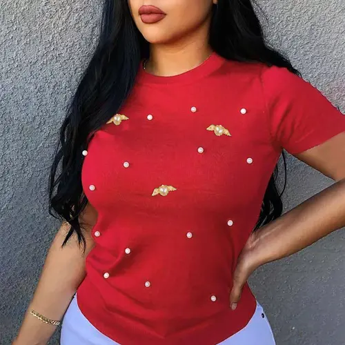 CHICME Women's Beaded Round Neck Short Sleeve T-Shirt Casual loose Fit Top