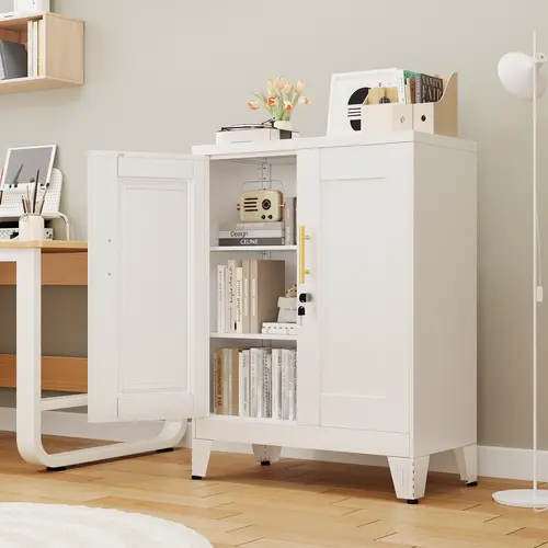 35.83" Metal Bathroom Floor Cabinet, Storage Cabinet with 2 Doors and 2 Adjustable Shelves, White Kitchen Pantry Cabinet, Freestanding Hutch Cupboard for Kitchen/Laundry/Living Room/Bedroom