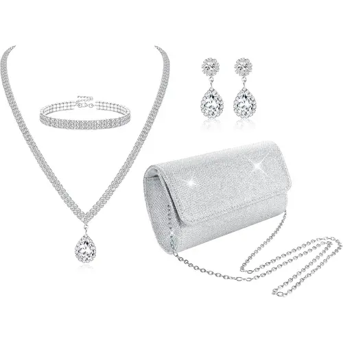 4Pcs Silver Clutch Purse Jewelry Set for Women Evening Rhinestone Purse Crystal Necklace Earrings Bracelets Set Silver Accessories for Women Bride Wedding Jewelry