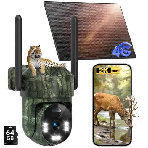4G LTE Cellular Solar Surveillance  Security Camera – 2K HD Video 360° View,No WiFi,WaterProof,Motion Activated, NightVision, 4G Data Card Included (Data refill is required for Unlimited 4G data usage)，64G SD Card Included (for video storage), Outdoor Sol