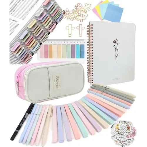 Christian Bible Journaling Stationery Kit - Pastel Markers, Tabs, Highlighters, Notebook, Pen Case, Organizer, Cute Cross Paperclips, Writing Supplies for Beginner Bible Study, School & College Supplies, School Supplies
