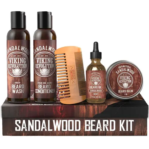 Viking Revolution Ultimate Beard Care Kit For Men - Sandalwood Scented Beard Wash + Conditioner + Oil + Balm + Comb - Thickening Nourishing Gift Set