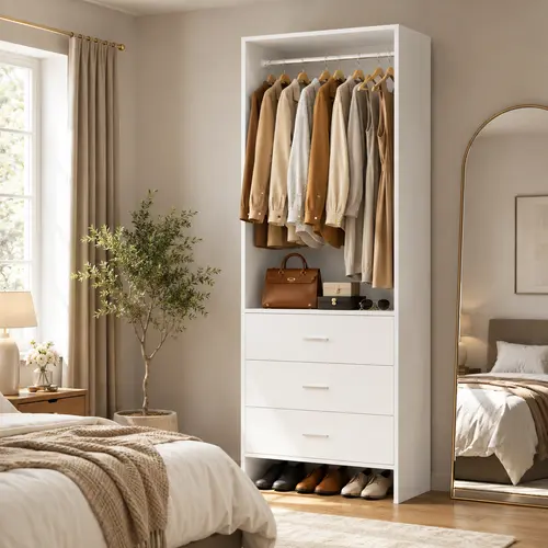 Cyclysio 24" Wooden Freestanding Armoire - Standing Closet Cabinet, Portable Expandable 3-Compartment Wardrobe with 3 Wood Drawers, Hanging Rod for Closet Organization, Bedroom Use,dorm essentials,home decor