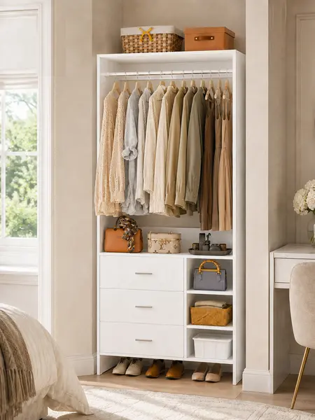 30''W Closet System with 3 Wooden Drawers and Hanging Rod, Freestanding 2.5FT Walk-in Closet Organizer Bedroom Armoire Wardrobe with Storage Shelves