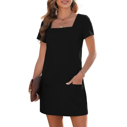 EVALESS Women's Solid Color Casual Align Dress Square Neck Short Sleeve Comfort Basic Mini Dresses with Pockets 2026 Womenswear Minimalist Springtok Summer Outfits  Deals For You Days summer outfits