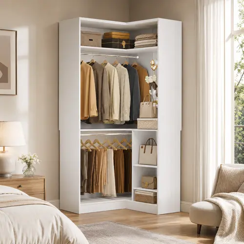 Corner Closet System with 2 Hanging Rods,Freestanding L-Shaped Walk-in Organizer Wardrobe with Shelves for Small Closet,dorm essentials,home decor