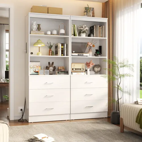 23.6" Storage Cabinet Bookshelf with Charging Station and 3 Wood Drawers, Freestanding Closet System with Storage Shelves, Wardrobe, Closet Rack,dorm essentials,home decor